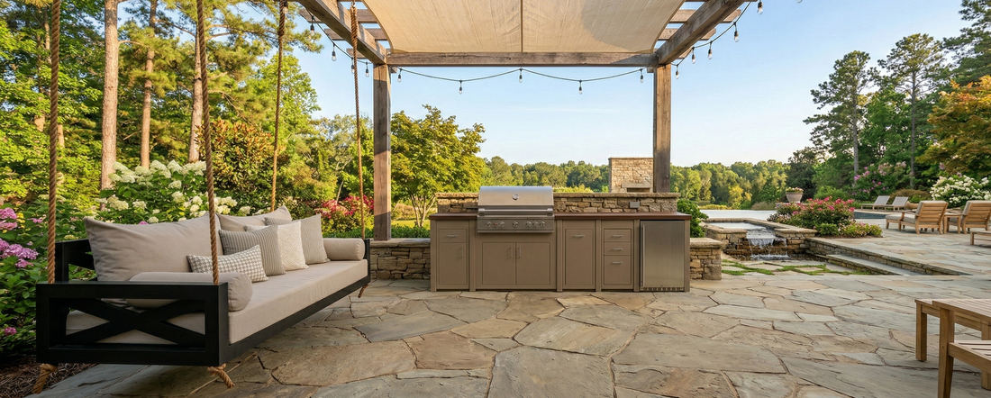 Why an Outdoor Swing Bed and Outdoor Kitchen Are the Ultimate Backyard Pairing