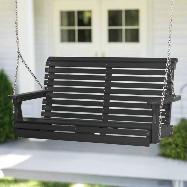 Black poly porch swing for low maintenance