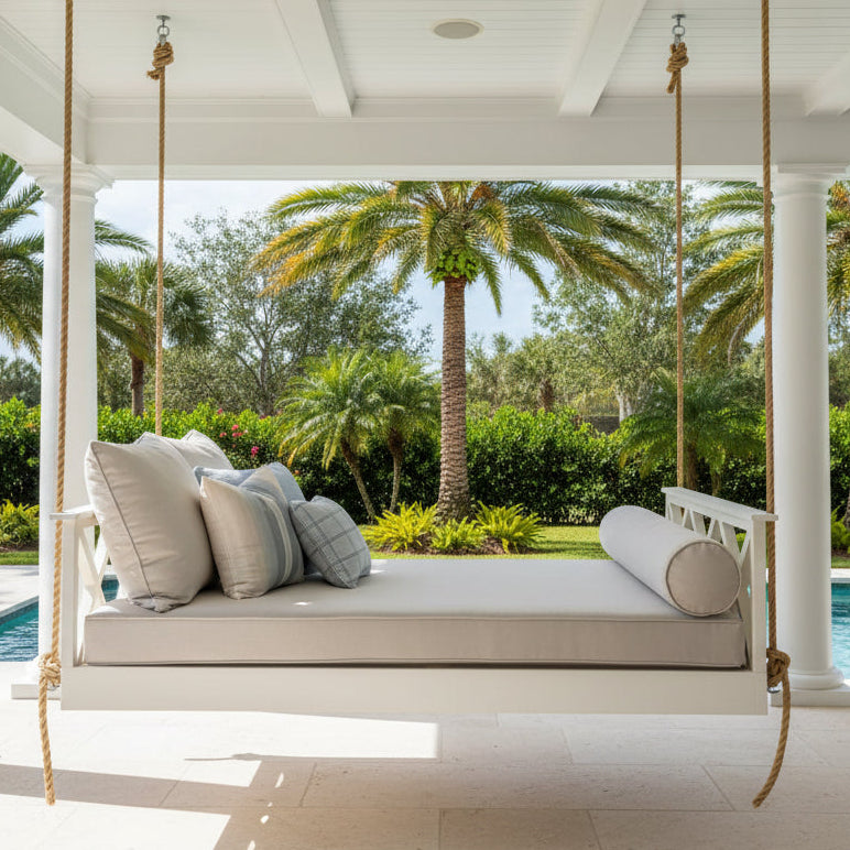 Swing bed styled with cushions on a covered porch
