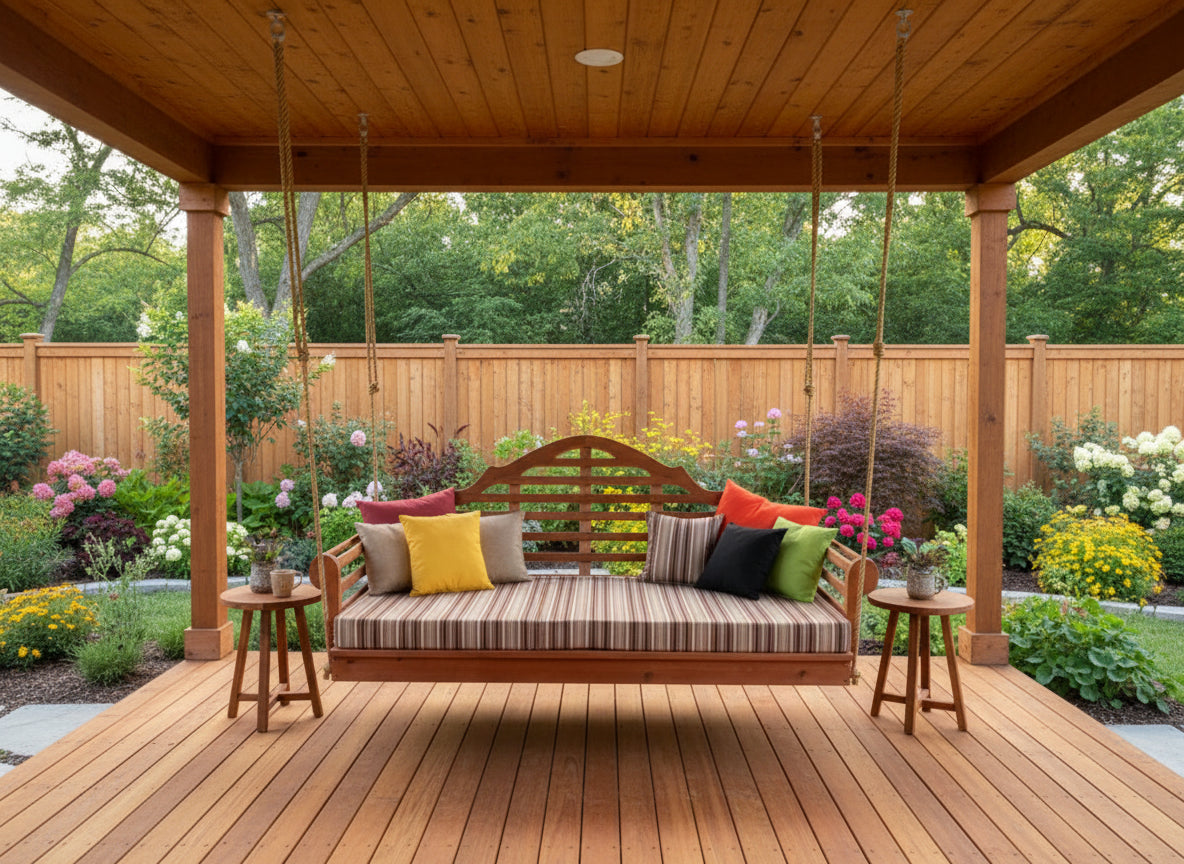 Item_426C_75in_Marlboro_Swingbed_-_Cedar_Stain_w_Item_1006_Swingbed_Cushion_Swing_Beds_for_Under_1_000_Budget-Friendly_Porch_Lounge_Options