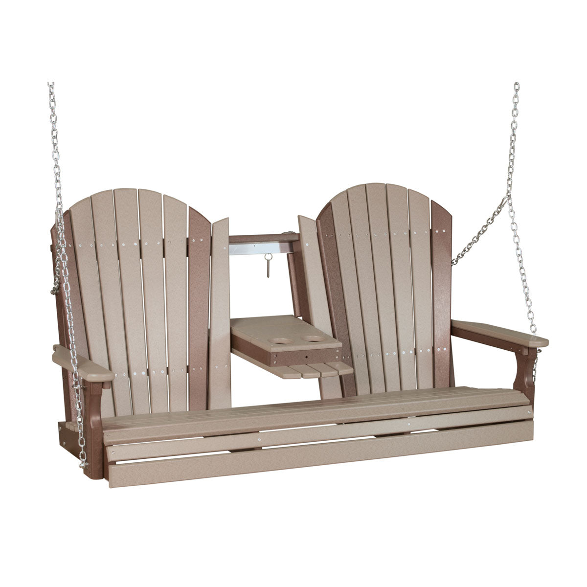 LuxCraft Adirondack Console 5 Foot Poly Porch Swing - Weatherwood /Chestnut Brown
