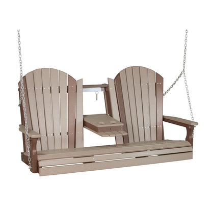 LuxCraft Adirondack Console 5 Foot Poly Porch Swing - Weatherwood /Chestnut Brown
