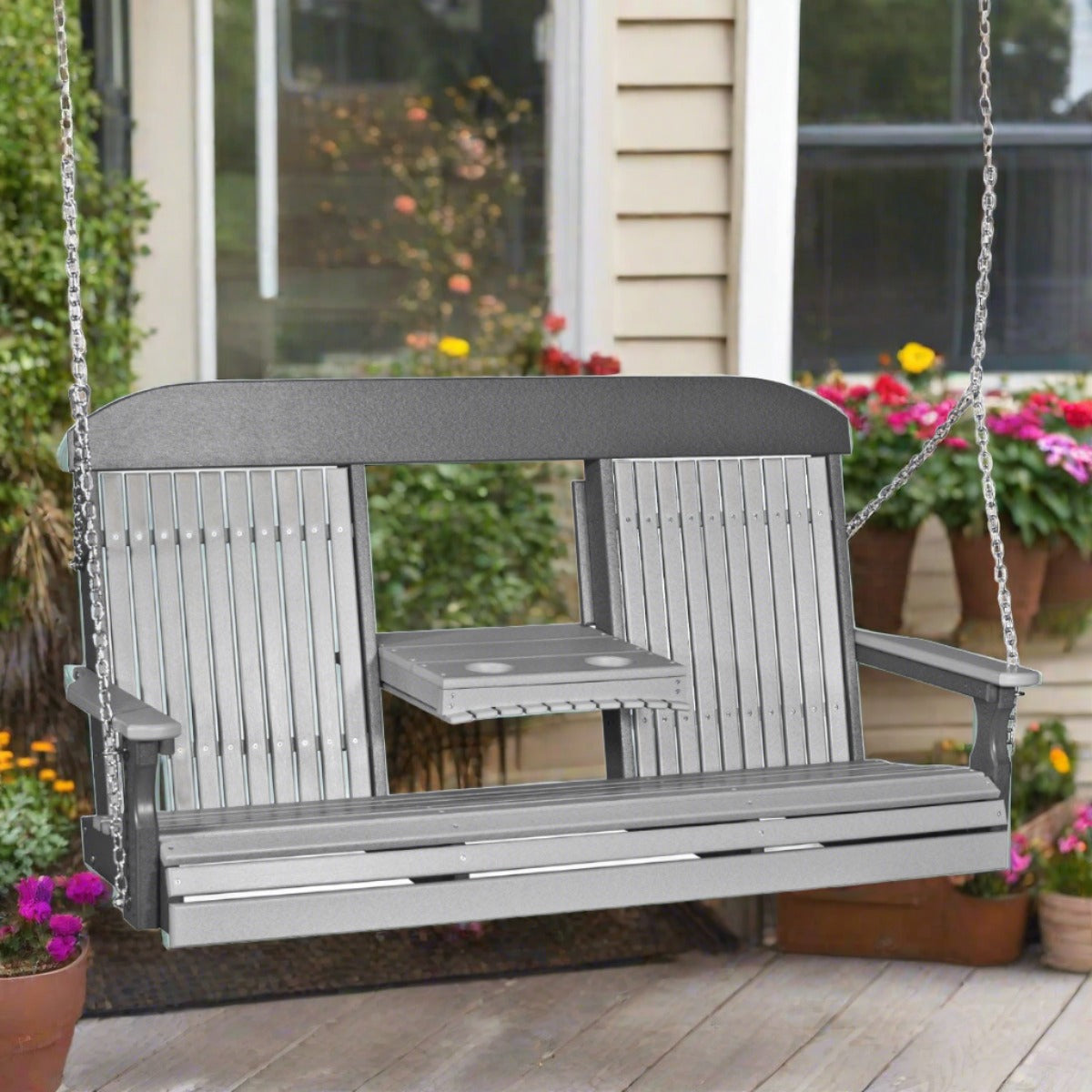 LuxCraft Classic Highback Console 5 Foot Poly Porch Swing - Dove Gray / Slate