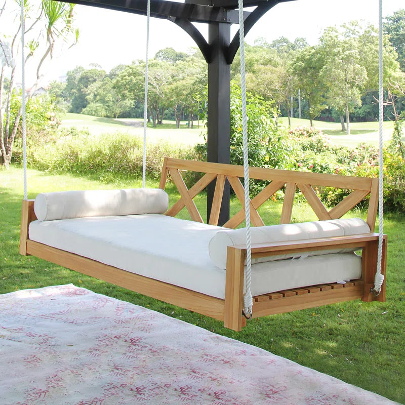 Natural Teak Daybed Porch Swing with Cushions