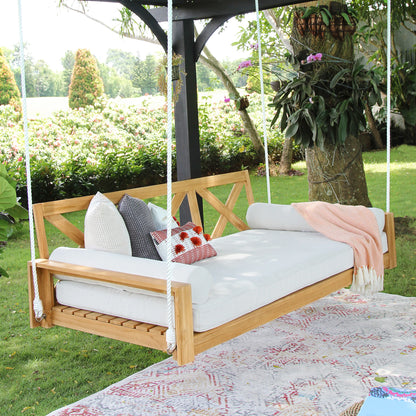 Natural Teak Daybed Porch Swing with Cushions