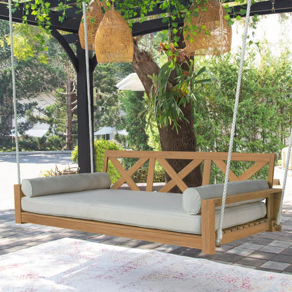 Natural Teak Daybed Porch Swing with Cushions