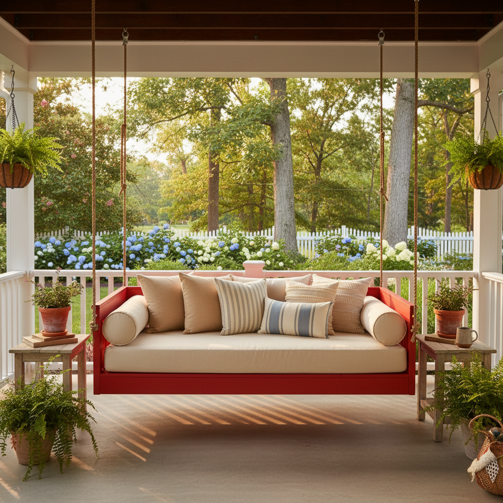 Twin_Mission_Hanging_Daybed_-_Tractor_Red_Paint_Daybed Swing Beds – Relaxed Luxury for Outdoor Living