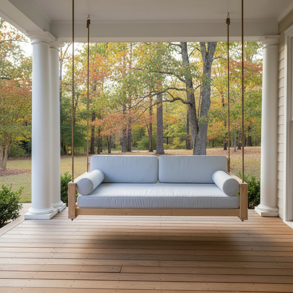 pine swing bed with cushions 