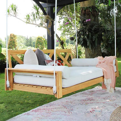 Natural Teak Daybed Porch Swing with Cushions